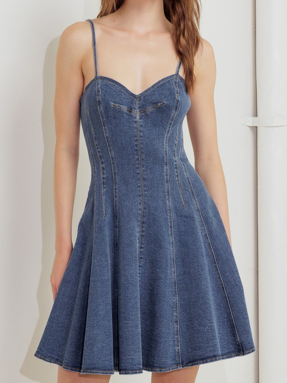 NWT FREEMARKET Seamed Denim Fit & Flare Corset Minidress Size M Blue